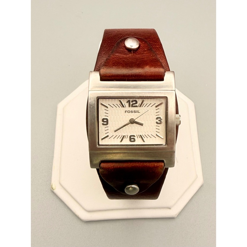 Fossil Brown Leather Cuff Watch Rectangular Dial Silver Tone Working